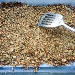 müsli på en bakplåt med en stekspade