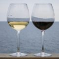 två glas vin, ett med vitt och ett med rött vin, står på ett räcke med havet i bakgrunden