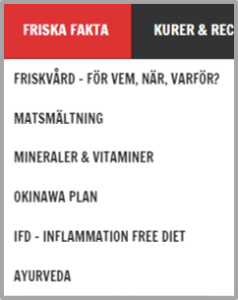 Printscreen över menyn under Friska Fakta på powerforlife.se